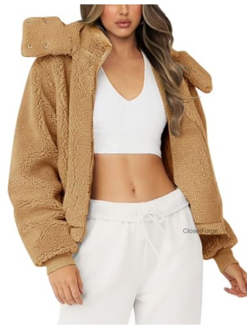 Womens Faux Fur Hooded Fleece Jacket Full Zip Sherpa Cocoon Coat